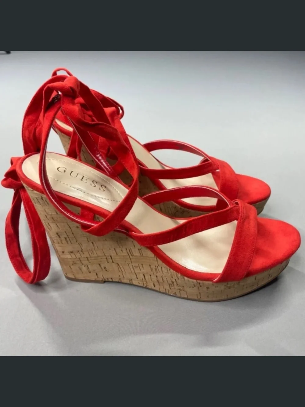 NEW Guess Shoes Womens 9.5 red brown Treacy faux suede cork wedge heels summer